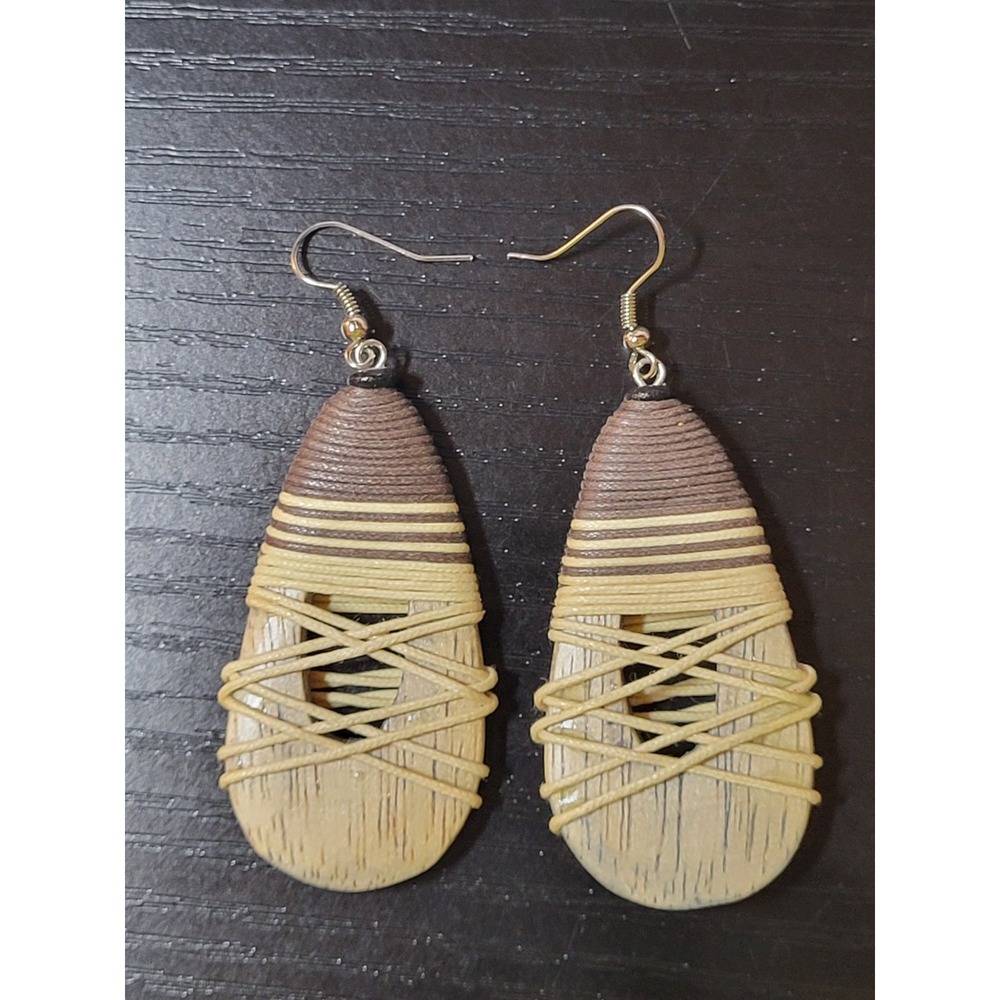Tribal Tear Drop Dangle 3 inch Earrings Wood Wrap Brown Tan Women's Jewelry Boho